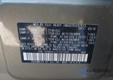 2015 Subaru Outback 2.5I Limited из США, поврежденный, VIN 4S4BSAJC7F3313535